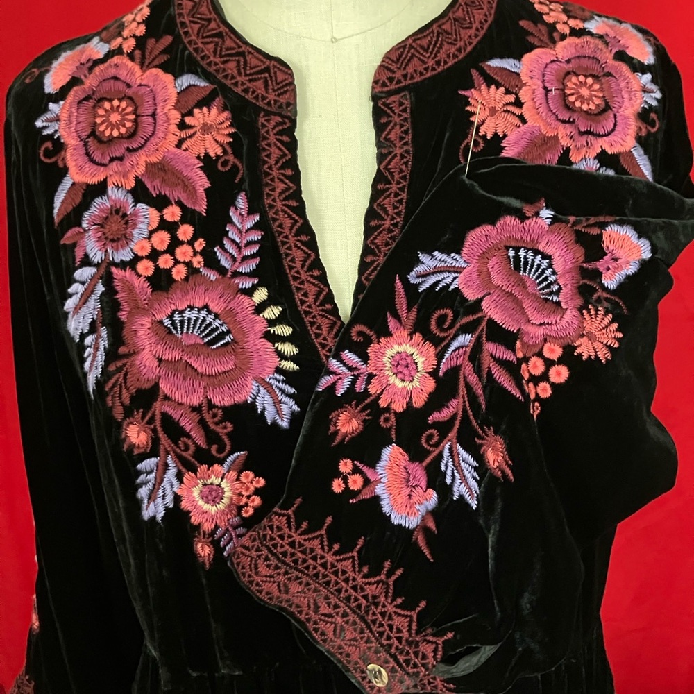Johnny Was Black Velvet Dress with Pink and Purple Floral Embroidery - Picture 12 of 12